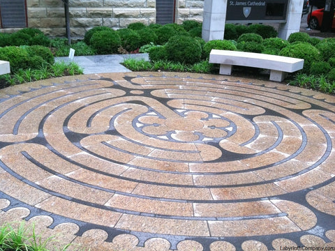 ChicagoIL-StJamesCathedral-StPaul-a-la-Chartres-Labyrinth-24'diameter-plaza-Two-Colors-Granite-after-rain