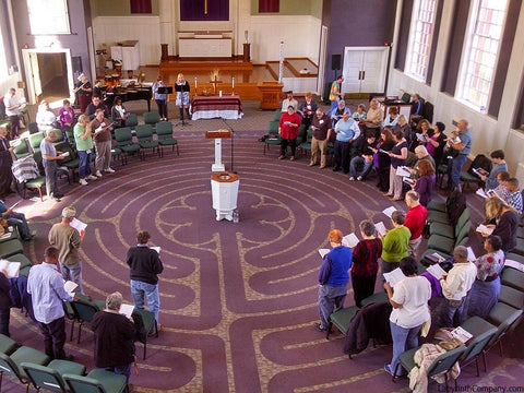 AkronOH-FirstChurchChrist-42.28'-Diameter-full-sized-ChartresReplicaLabyrinth-Eggplant+Buff-Multicolor-CarpetTiles