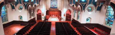 St. Paul™ 7 circuit labyrinth - cork tile kit - Brown Memorial Presbyterian Church - Baltimore MD - left side chapel installation in this perspective shot of the sanctuary