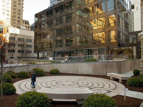 ChicagoIL-StJamesCathedral-StPaul-a-la-Chartres-Labyrinth-24'diameter-plaza-Two-Colors-Granite-child-walking