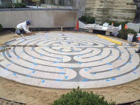 ChicagoIL-StJamesCathedral-StPaul-a-la-Chartres-Labyrinth-24'diameter-plaza-Two-Colors-Granite-during-installation