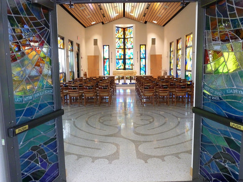 PalmBeachGardensFL-StMarksPeaceChapel-TerrazzoTiles-20'diameter-Chelsea-a-la-Chartres-labyrinth-from-entry