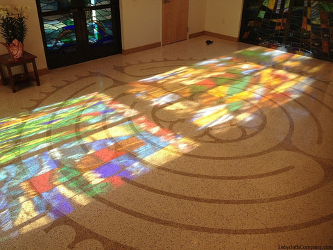 PalmBeachGardensFL-StMarksPeaceChapel-TerrazzoTiles-20'diameter-Chelsea-a-la-Chartres-labyrinth-stained-glass-lit