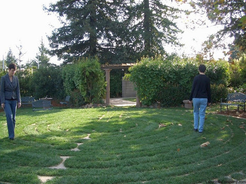 SunnyvaleCA Presbyterian Church GrassyPavers and Concrete "sandstone" Lines Chartres Replica Labyrinth with walkers