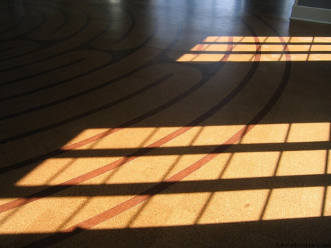 34' diameter Breamore™ 11 circuit labyrinth - cork tile kit - fellowship hall at Metropolitan Memorial United Methodist Church - Washington DC - detail in shadows and sunlight